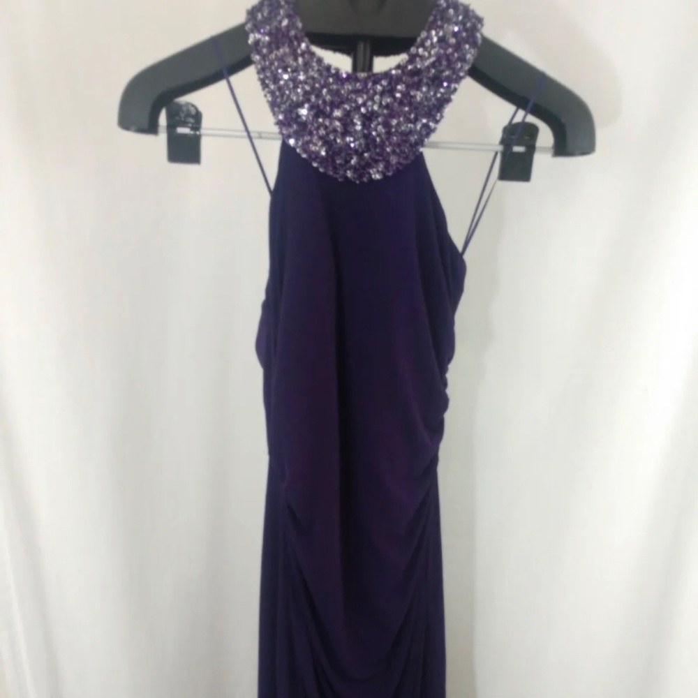 Cache Beaded Halter Fitted Purple Cocktail Dress
